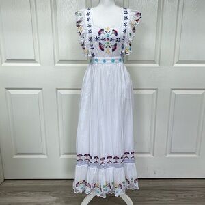 CeliaB White Cotton Dress Floral Embroidery Crisscross Back
